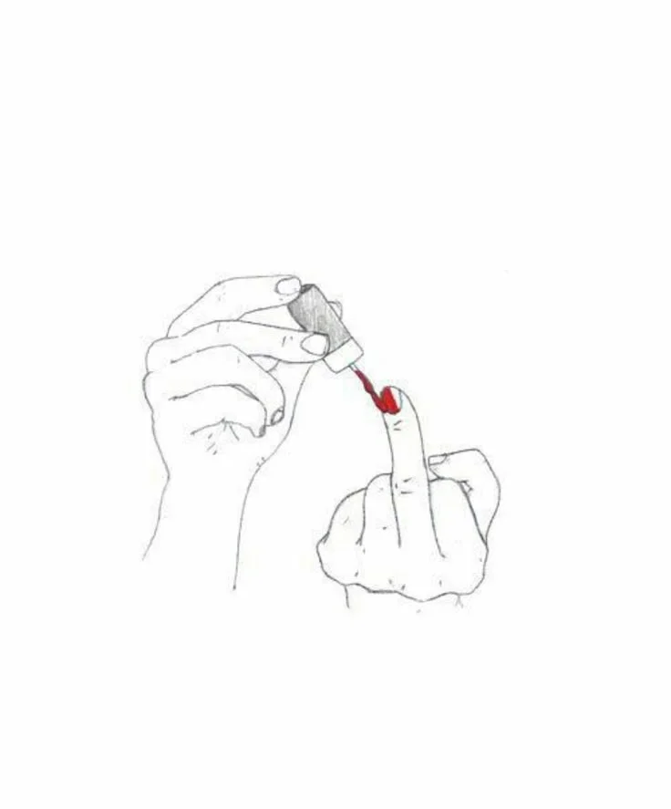 A line drawing of one hand pulling a red thread through the finger of another hand.